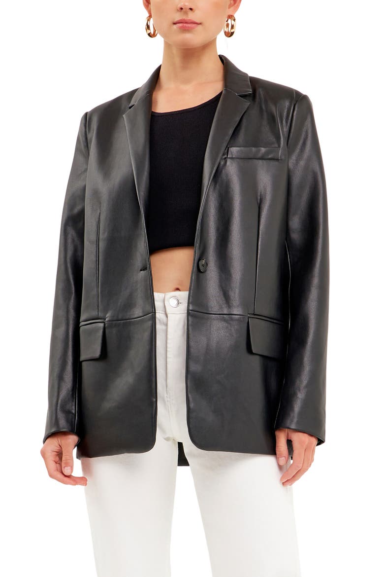 Faux Leather Blazer, Alternate, color, BLACK