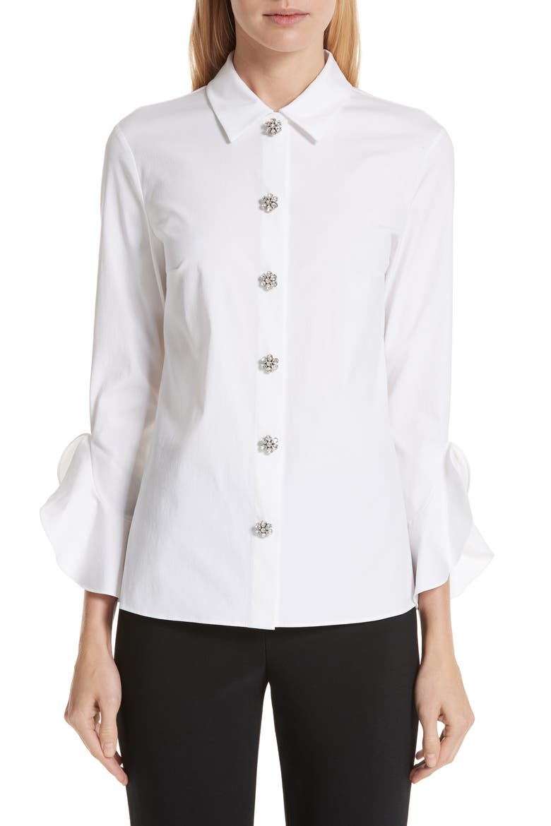 Ruffle Cuff Jeweled Button Blouse, Main, color, OPTIC WHITE