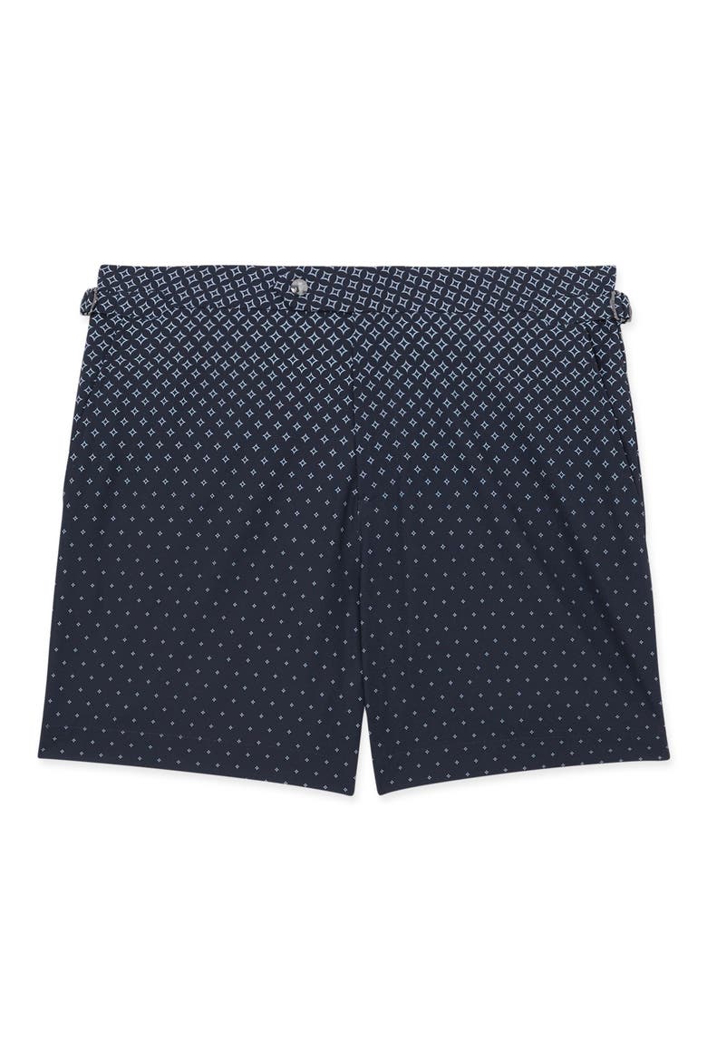 Darli Gradient Geo Print Side Adjuster Swim Trunks, Alternate, color, NAVY