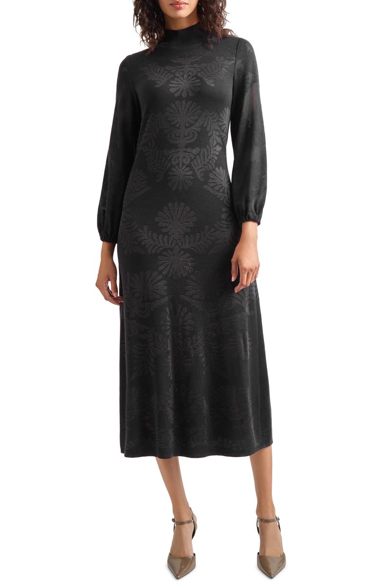 Misook Long Sleeve Burnout Dress, Main, color, Black