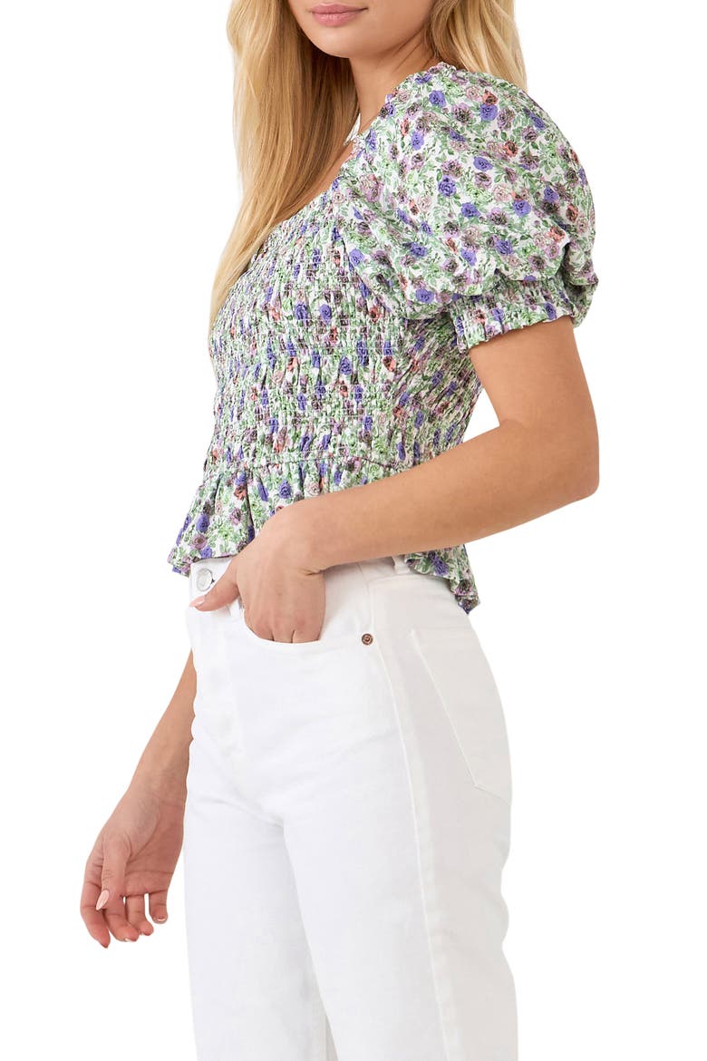 Floral Smocked Puff Sleeve Top, Alternate, color, IVORY/ PURPLE