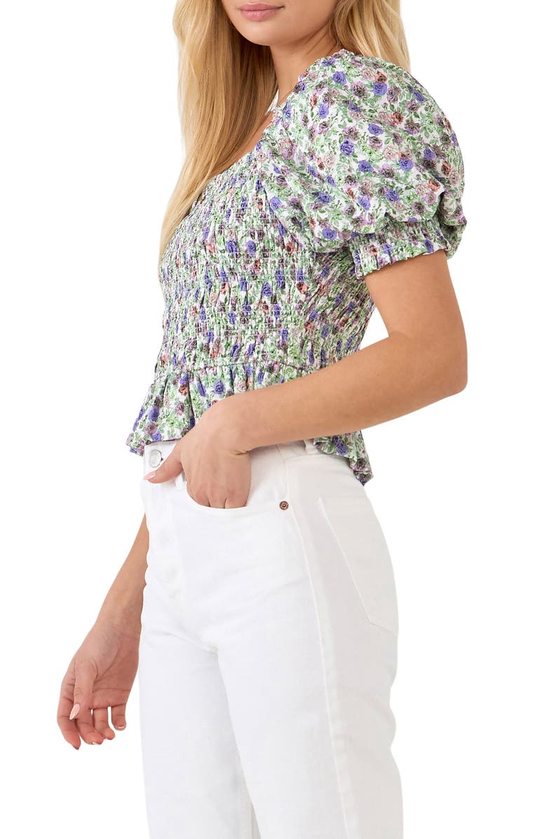 Endless Rose Floral Smocked Puff Sleeve Top, Alternate, color, Ivory/ Purple