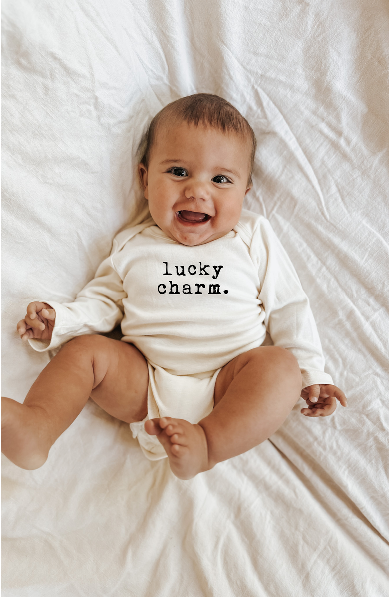 Tenth & Pine Lucky Charm Organic Baby Bodysuit Long Sleeve, Alternate, color, Natural Black Lettering