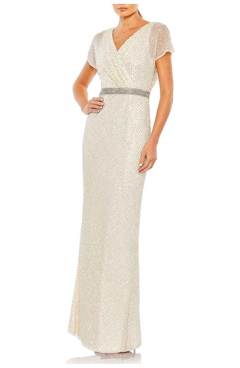Mac Duggal Beaded Butterfly Sleeve Column Gown, Main, color, Nude Silver