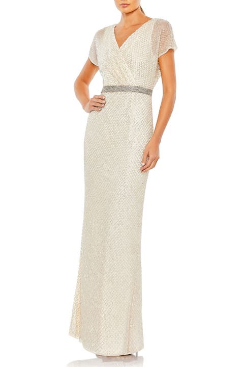 Beaded Butterfly Sleeve Column Gown