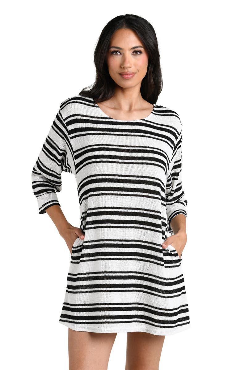 La Blanca Boardwalk Stripe Swim Cover-Up Tunic, Alternate, color, Black And Ivory