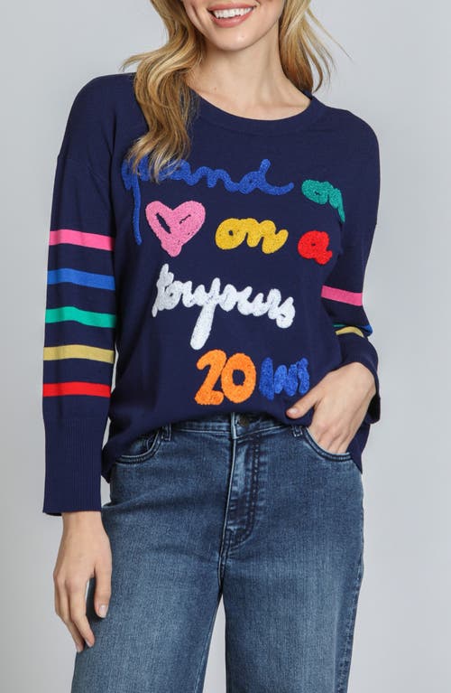 Apny Bouclé Accent Graphic Crewneck Sweater In Navy Multi