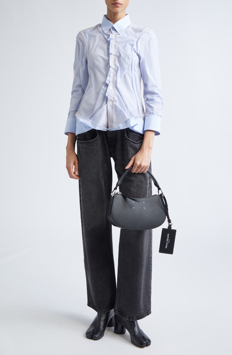 Maison Margiela Stripe Ruffle Long Sleeve Cotton Button-Down Shirt, Alternate, color, Light Blue Stripe