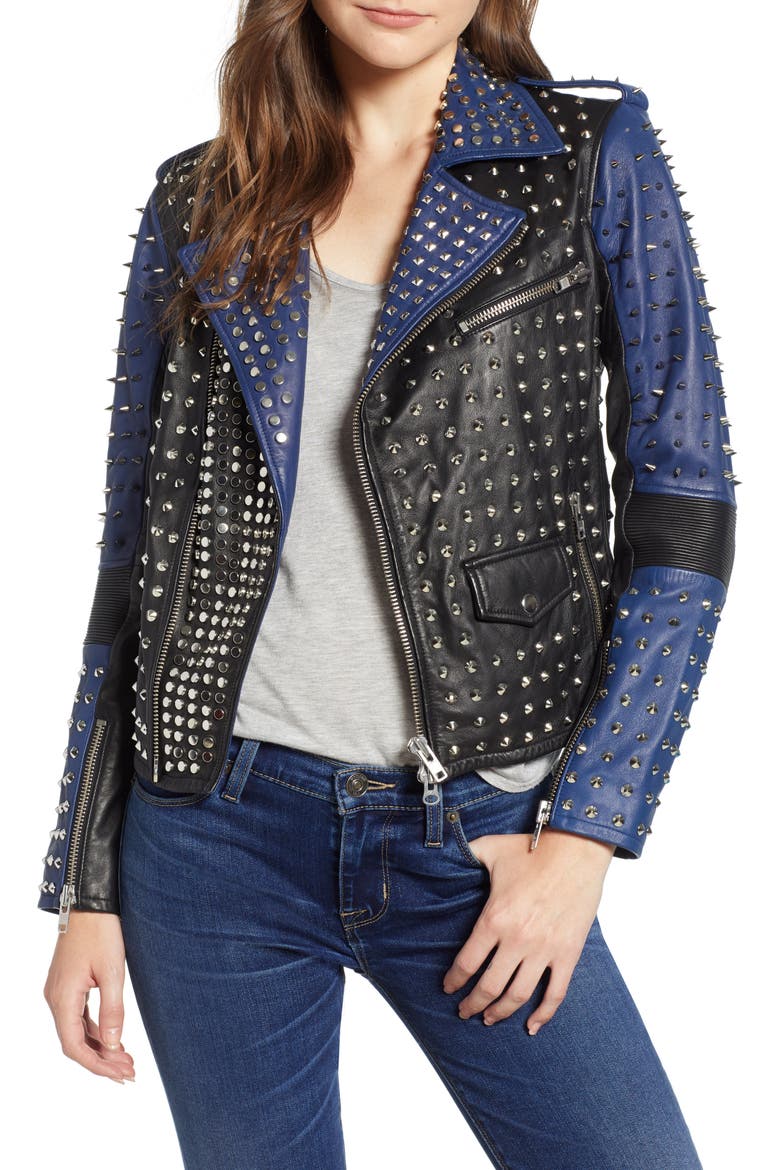 Colorblock Studded Lambskin Leather Biker Jacket, Main, color, ONYX/ INK