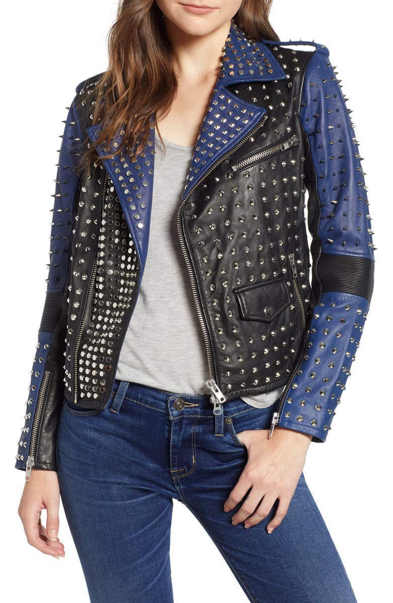 Hudson Jeans Colorblock Studded Lambskin Leather Biker Jacket, Main, color,