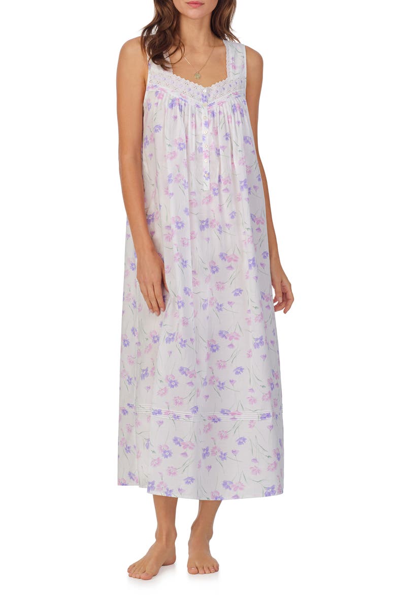 Floral Sleeveless Ballet Cotton Lawn Nightgown, Main, color, WHITE GRID PERI/PINK FLORAL