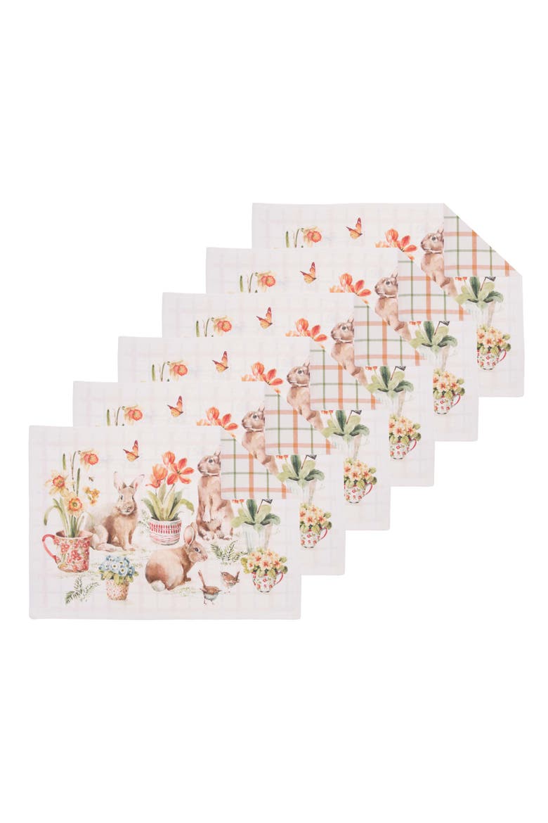 Little Garden Rabbit Bunnies 100% Cotton Set of 6 Placemats 14" x 20", Main, color, Beige
