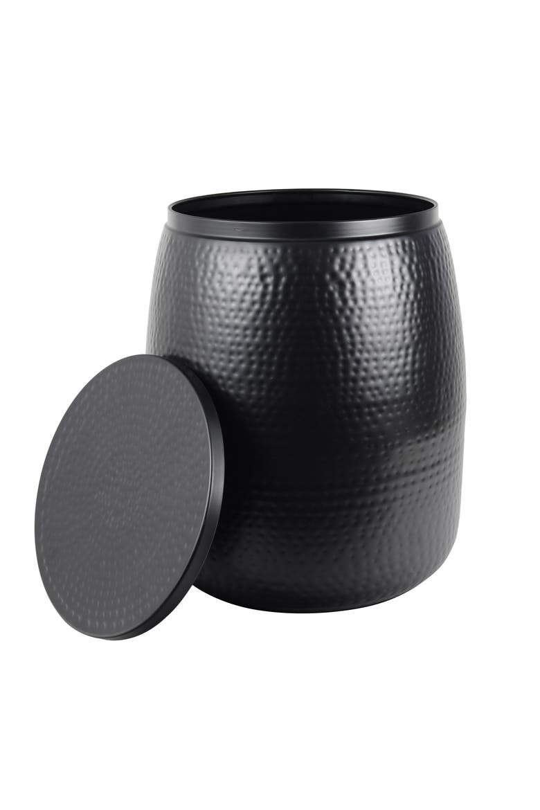 Merida Modern Rustic Hammered Metal Drum Storage Side Table with Lid, Alternate, color, Matte Black