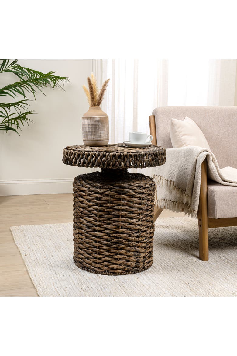 Marisol Bohemian Woven Round Accent Table, -Style Pedestal End Side Table for Living Room, Alternate, color, Brown