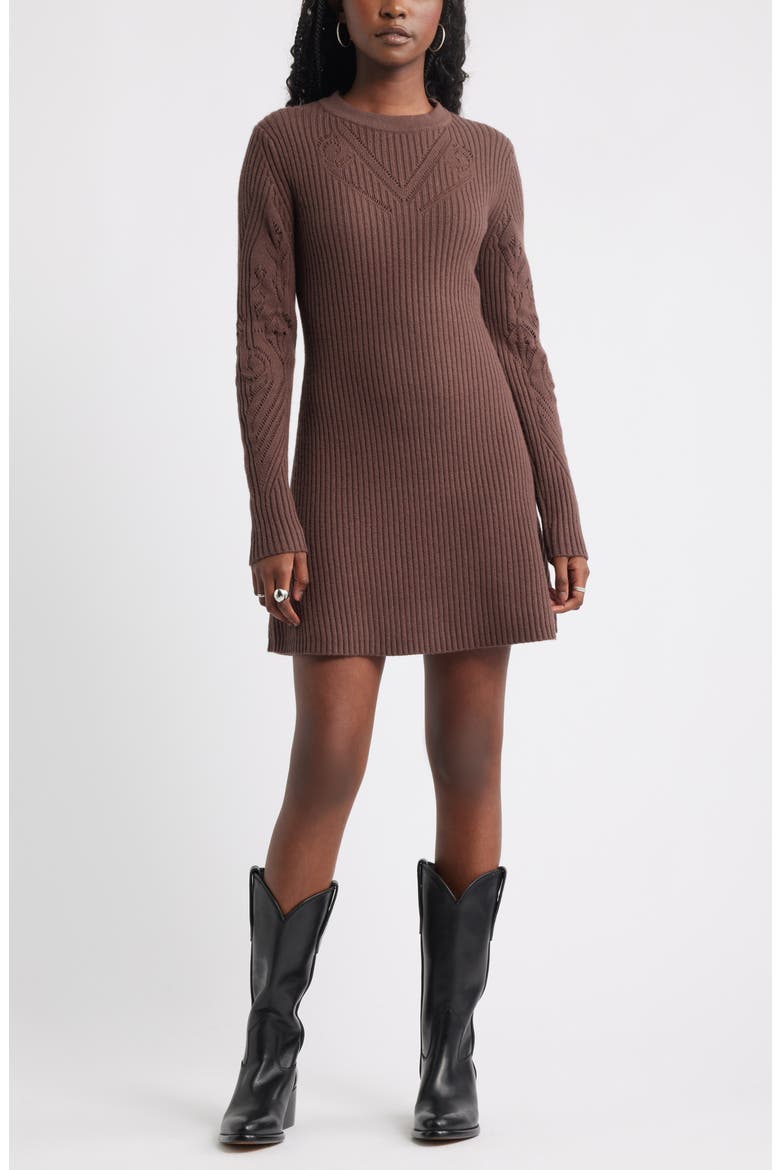 Long Sleeve Merino Wool & Cotton Blend Sweater Dress, Main, color, BROWN FAWN