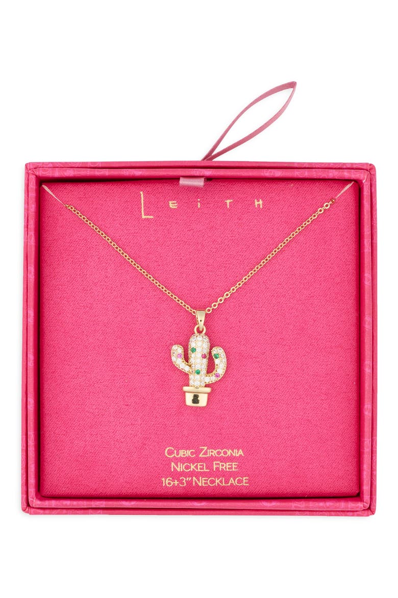 Cubic Zirconia Cactus Pendant Necklace, Main, color, GREEN MULTI- GOLD