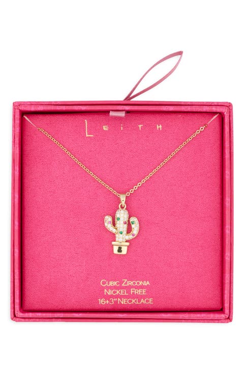 Cubic Zirconia Cactus Pendant Necklace
