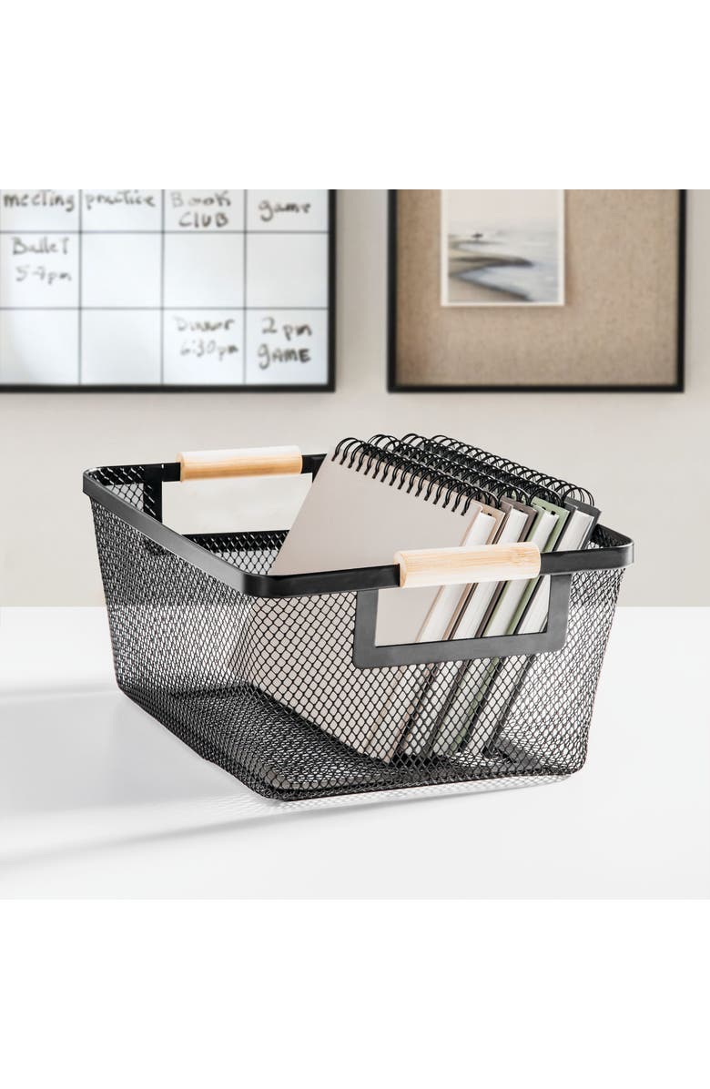 mDesign Metal Wire Pantry Basket with Wood Handles - Set of 2 - Black/Natural, Alternate, color,