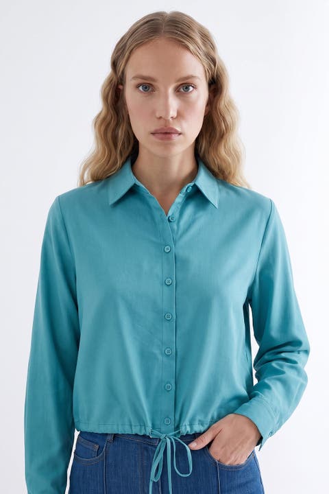 Long Sleeve Button Up Shirt With Elastic Waist