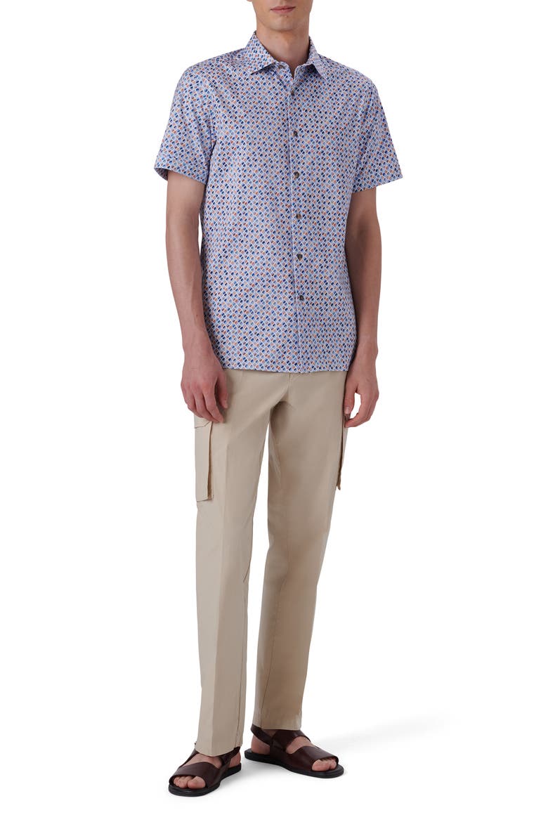 OoohCotton® Geo Print Short Sleeve Button-Up Shirt, Alternate, color, TOBACCO