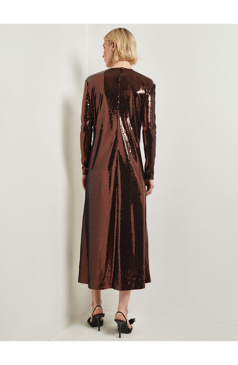 Misook Modern Fit Sheer Shoulder Sequin A-Line Maxi Dress, Alternate, color, Mahogany