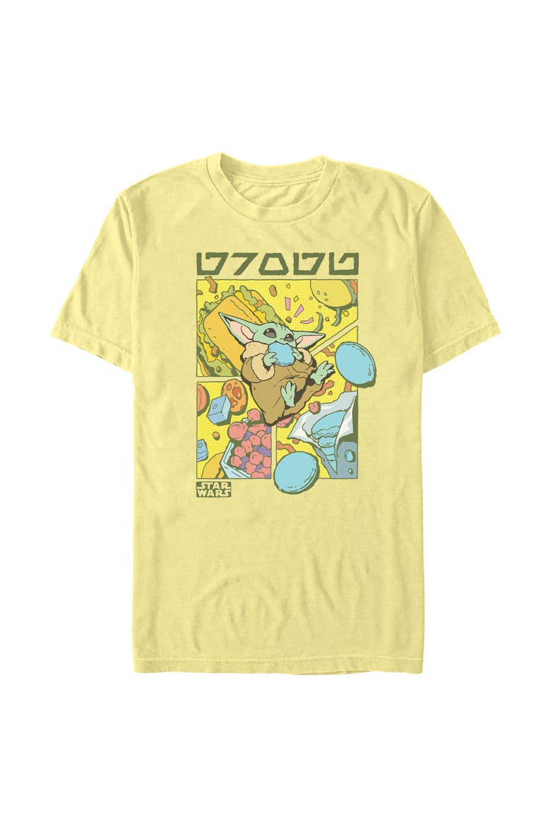 Mens Star Wars The Mandalorian and Grogu Space Snacks Retro Comic T Shirt, Main, color, Banana