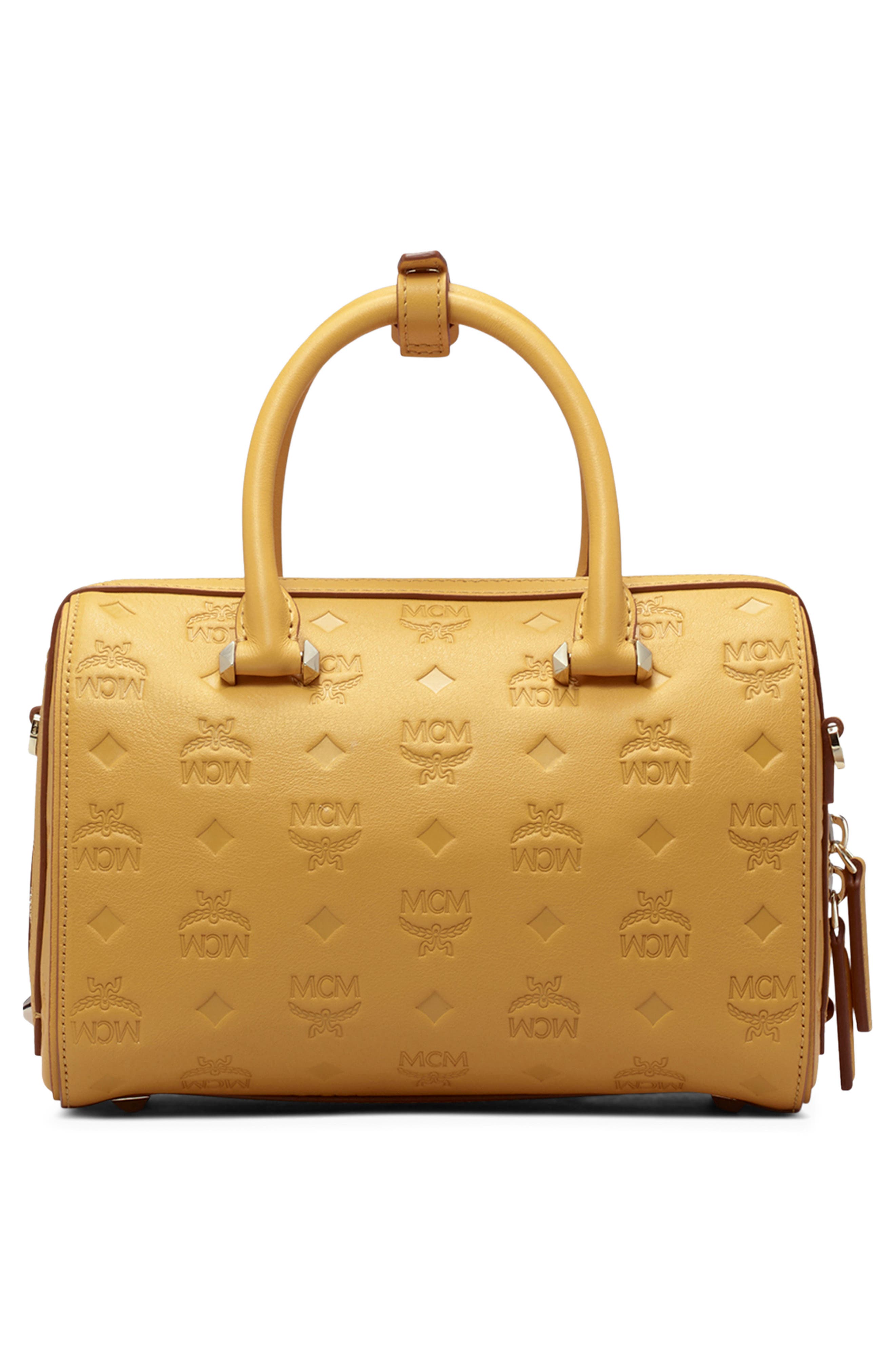 MCM Essential Boston 23 Monogram Leather Satchel, Alternate, color, 