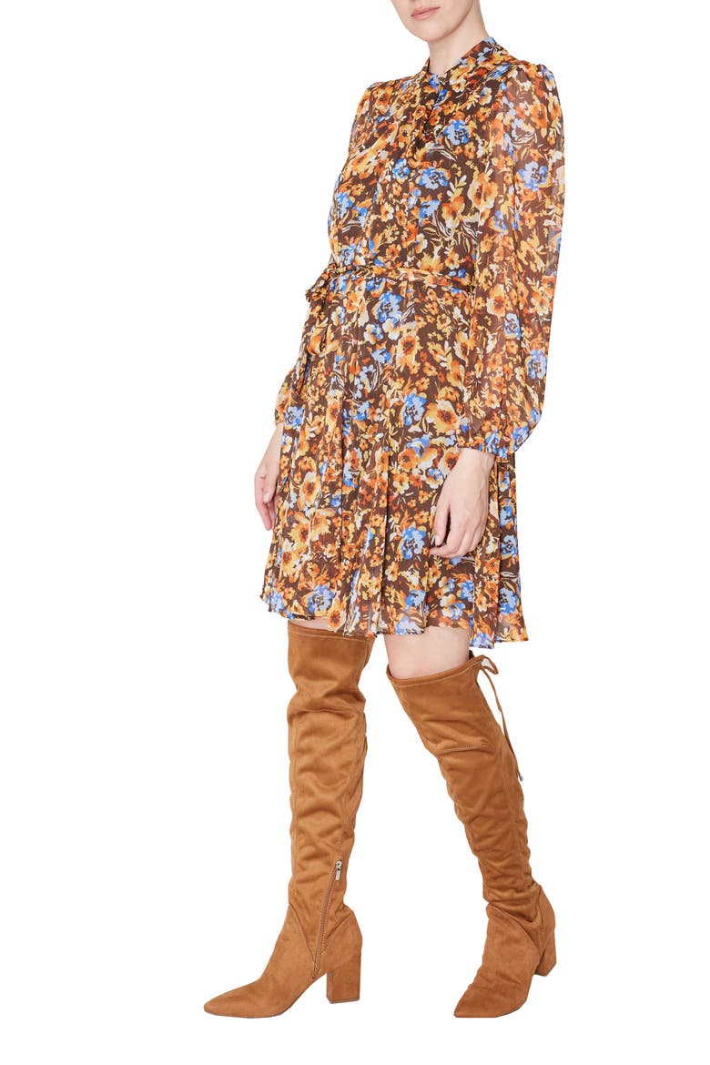 Floral Knot Neck Tie Waist Long Sleeve Dress, Alternate, color, BROWN MULTI