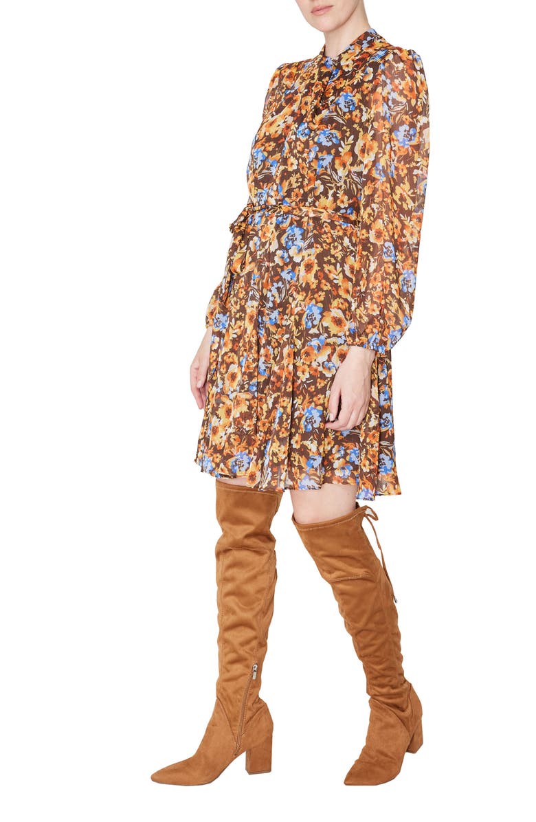 Julia Jordan Floral Knot Neck Tie Waist Long Sleeve Dress, Alternate, color, Brown Multi