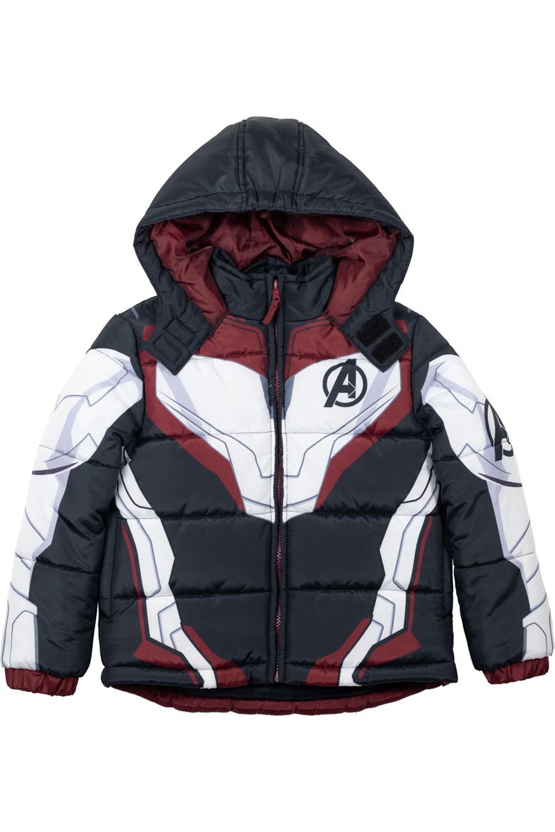 Avengers Hooded Zip-Up Puffer Jacket, Alternate, color, Dark Grey White Red