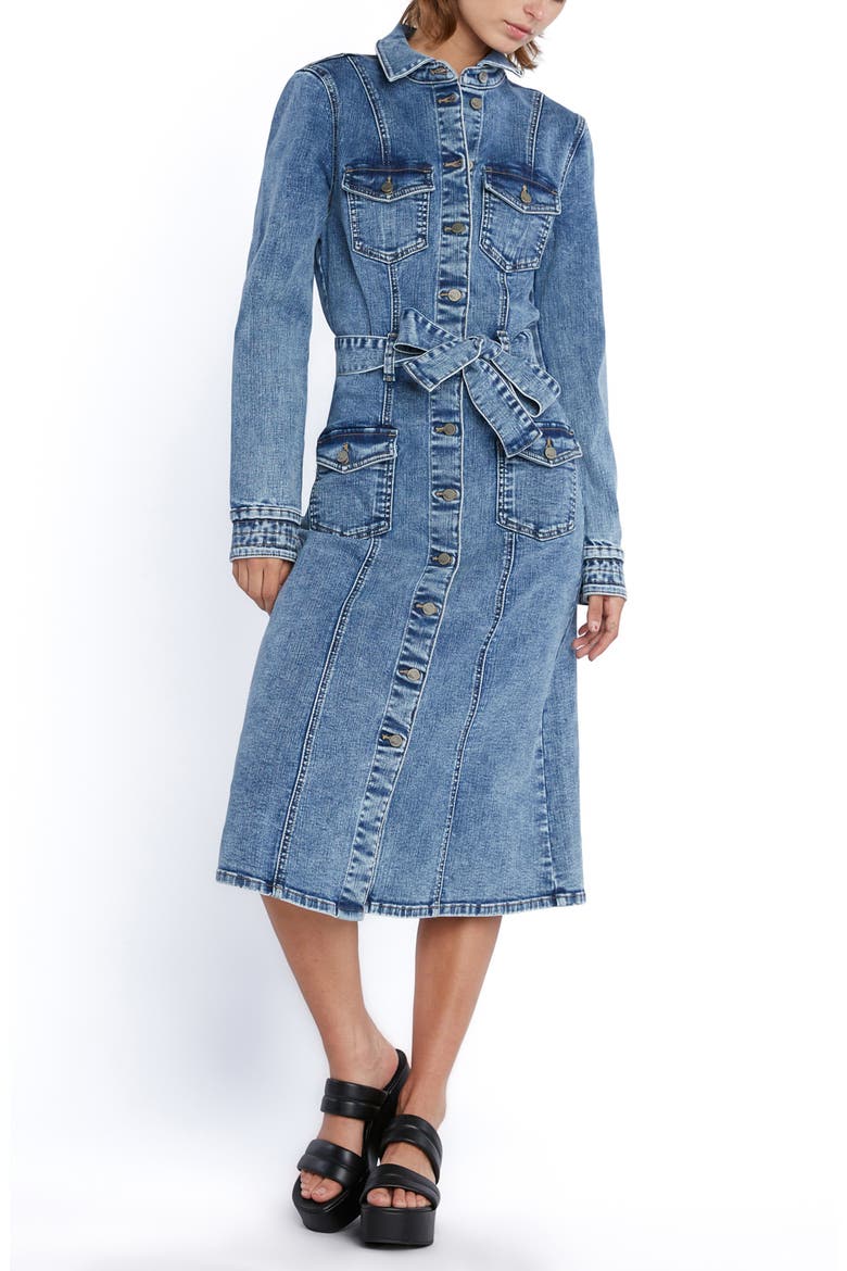 Tie Waist Long Sleeve Cargo Denim Midi Shirtdress, Alternate, color, PEACE BLUE