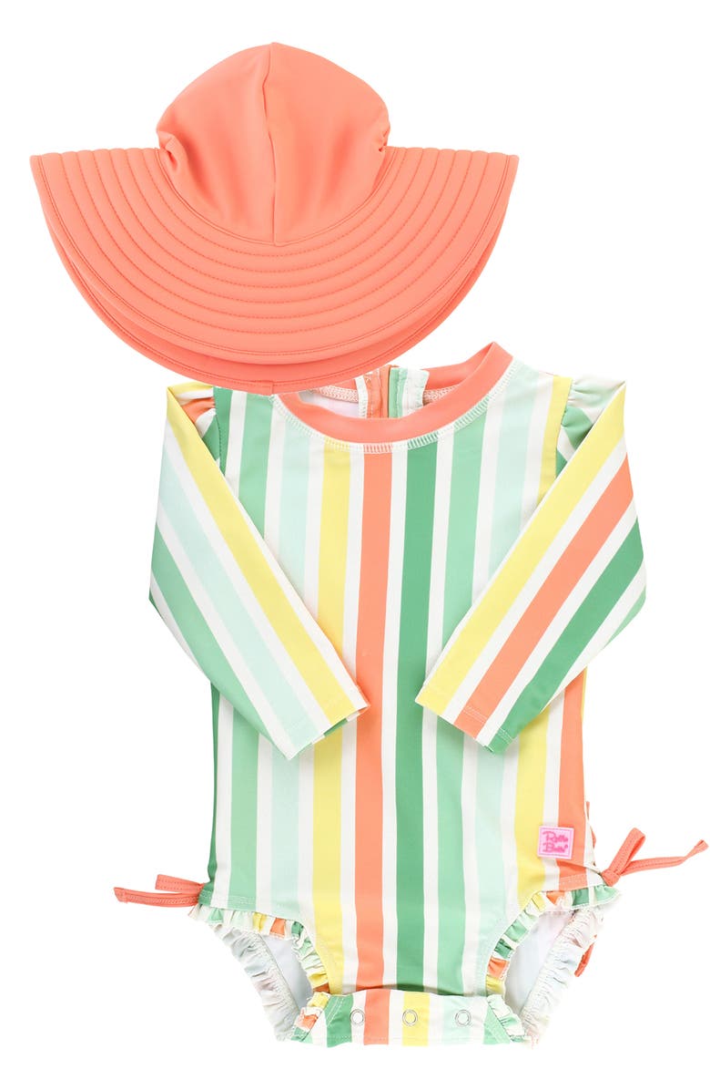 RuffleButts Saltwater Stripe One-Piece Rashguard Swimsuit & Hat Set, Main, color,