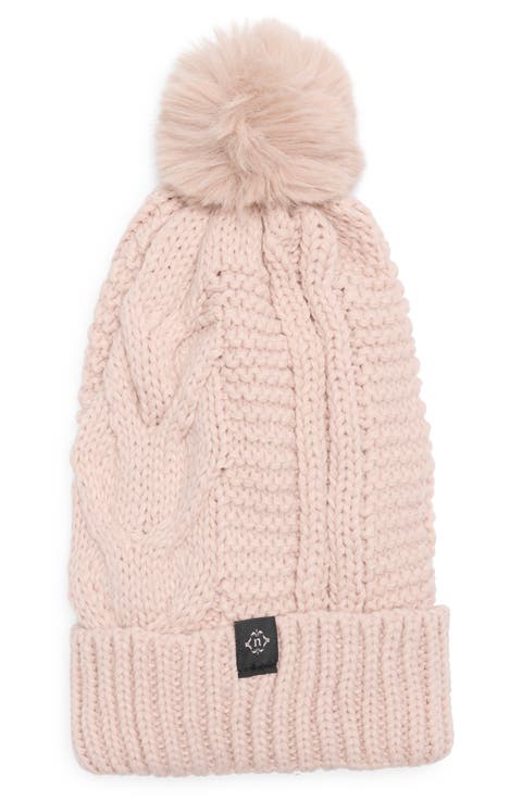 Cable Knit Beanie with Faux Fur Pompom