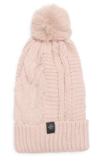 Nanette Lepore Cable Knit Beanie With Faux Fur Pompom In Pink