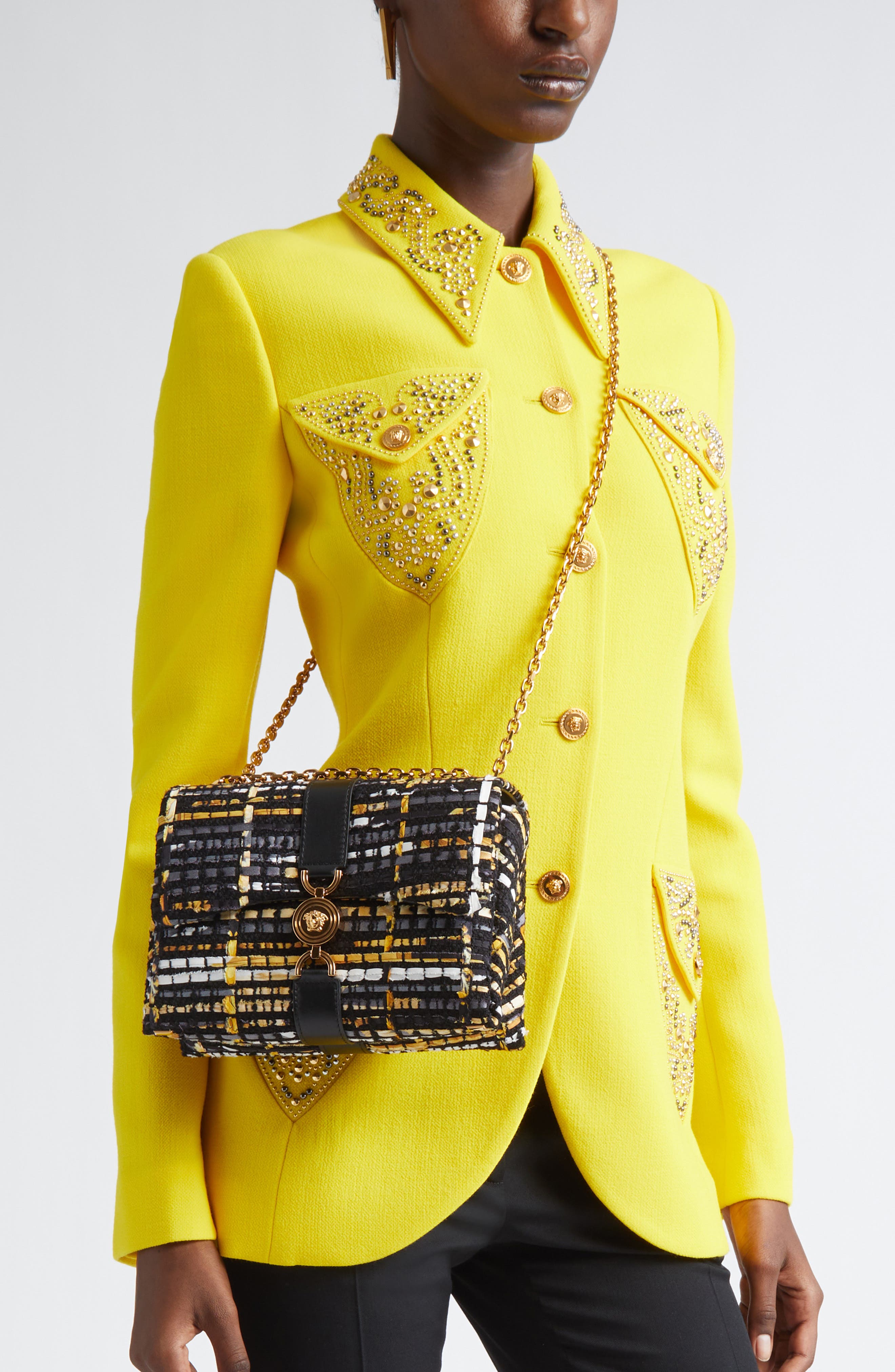 Versace Kleio Tweed Shoulder Bag, Alternate, color, 