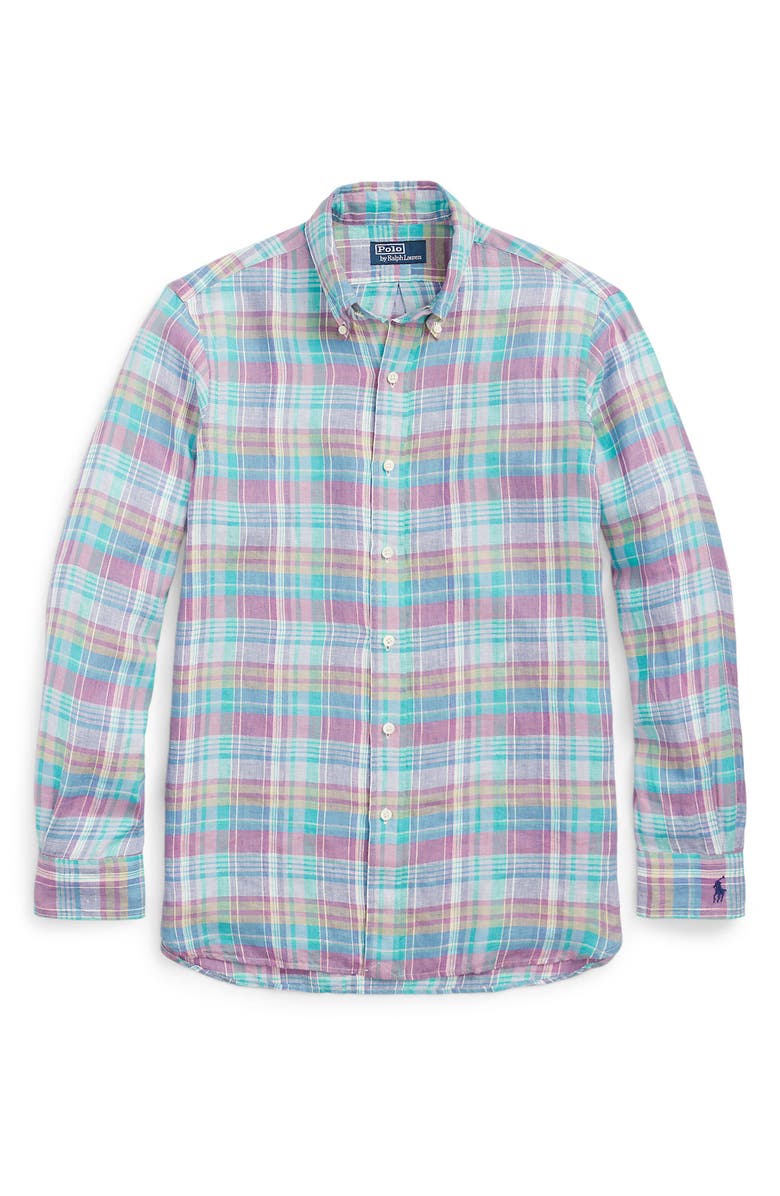 Polo Ralph Lauren Plaid Linen Button-Down Shirt, Alternate, color, Purple/ Blue Multi