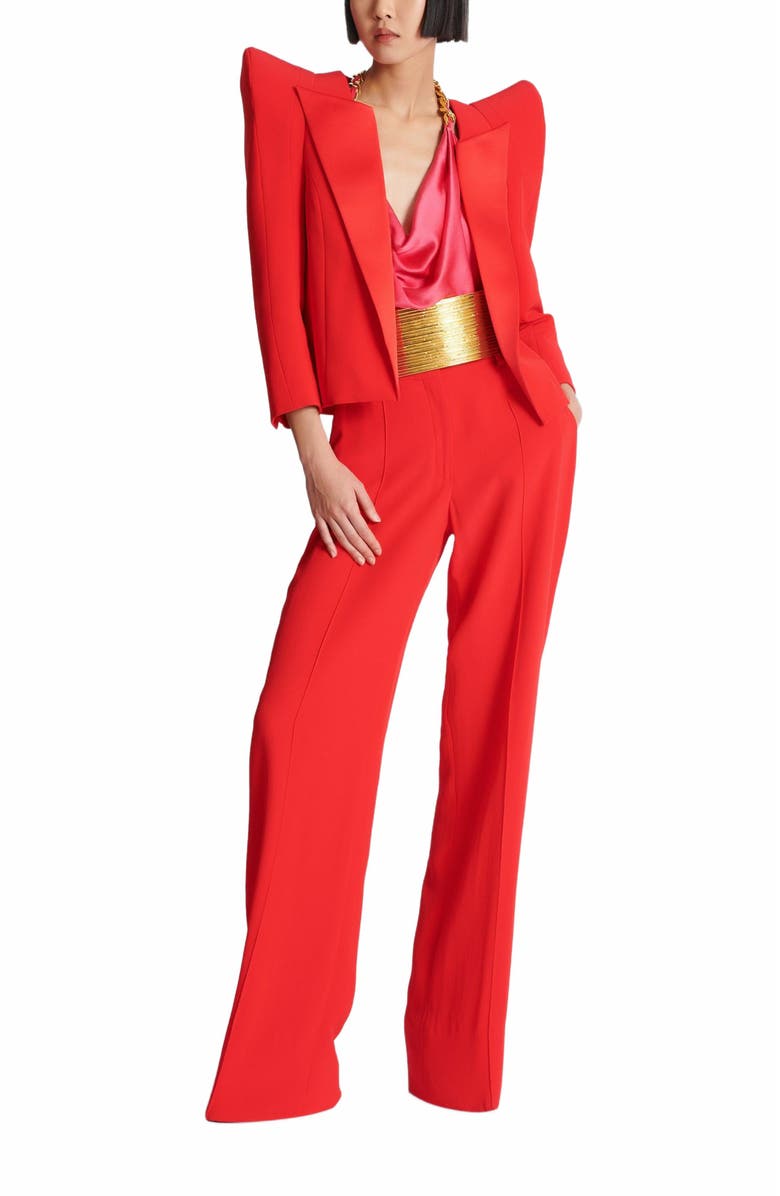 Balmain Cropped Crepe Jacket With Structured Shoulders, Alternate, color, Red