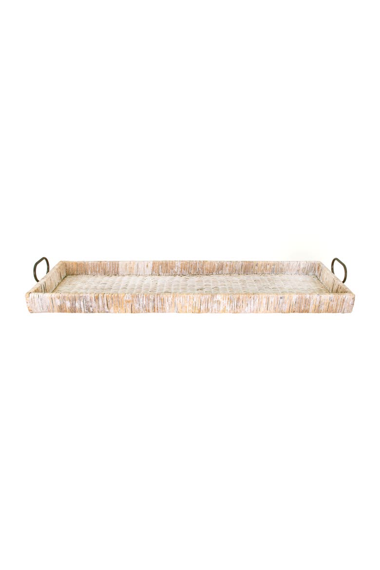 Oversize Decorative Rattan Tray with Metal Handles, Whitewash Finish, Main, color, Brown