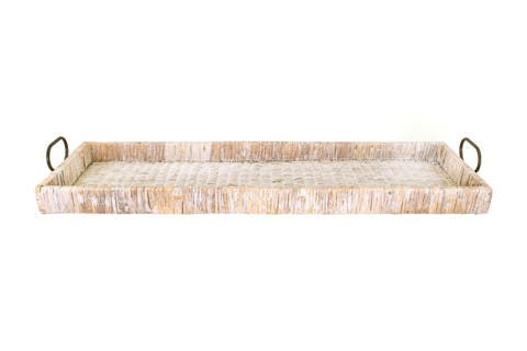 Oversize Decorative Rattan Tray with Metal Handles, Whitewash Finish