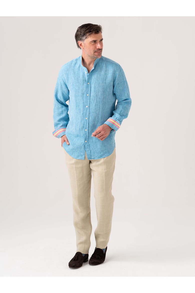 Linen Band Collar Shirt, Alternate, color, Turquoise