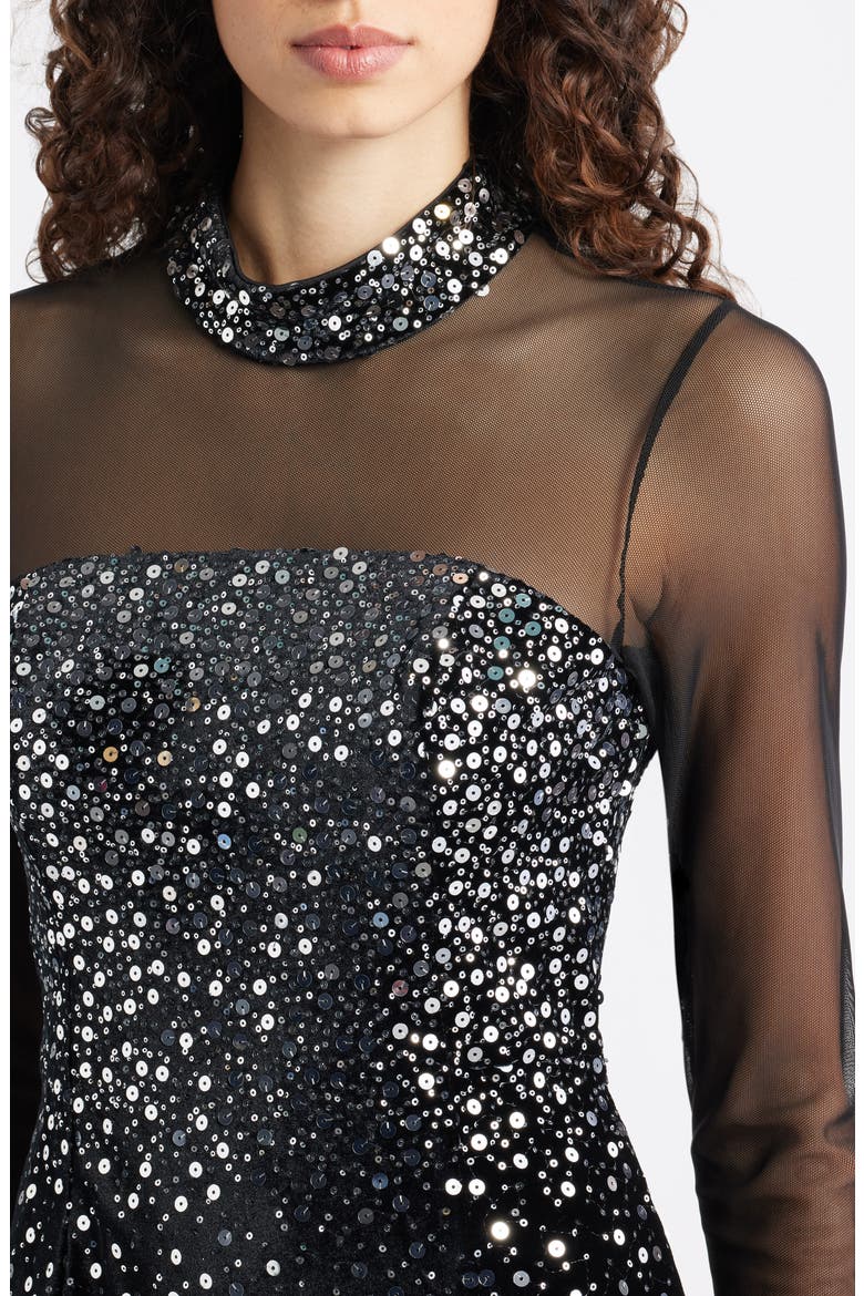Mixed Media Sequin Long Sleeve Cocktail Midi Dress, Alternate, color, BLACK SILVER