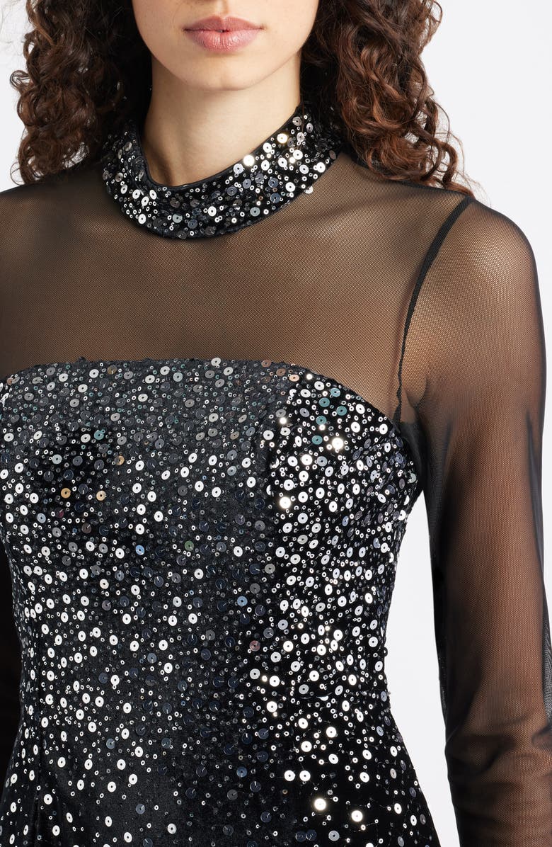 Eliza J Mixed Media Sequin Long Sleeve Cocktail Midi Dress, Alternate, color, Black Silver