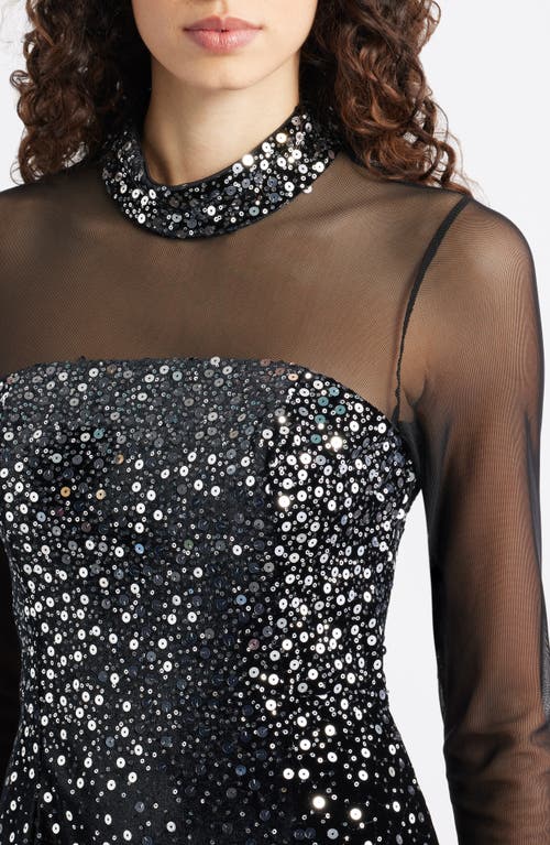 Eliza J Mixed Media Sequin Long Sleeve Cocktail Midi Dress In Black