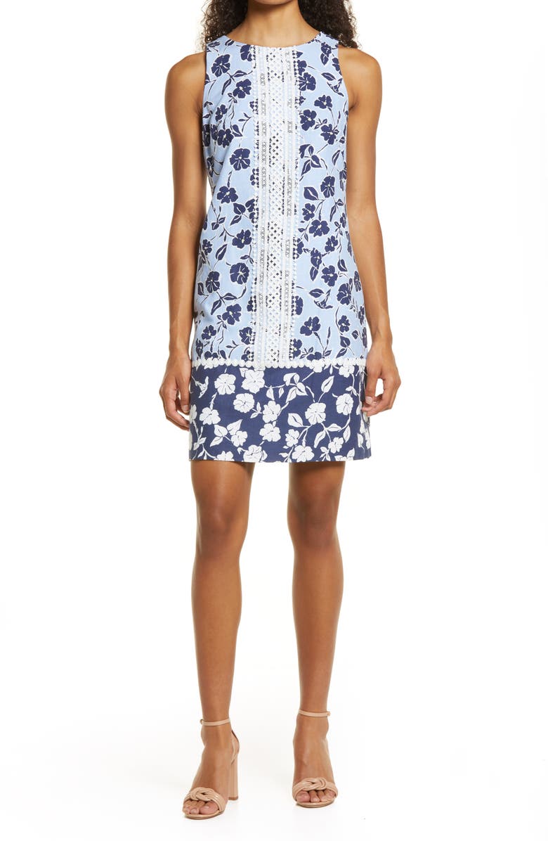 Eliza J Lace Trim Floral Linen Blend Shift Minidress, Main, color, Blue