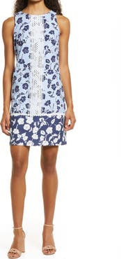 Eliza J Lace Trim Floral Linen Blend Shift Minidress