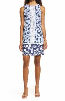 Eliza J Lace Trim Floral Linen Blend Shift Minidress