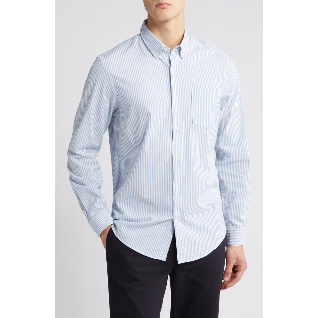 Nordstrom Trim Fit Stripe Stretch Cotton & Linen Button-down Shirt In White- Blue Bengal Stripe