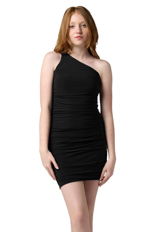 Un Deux Trois One Shoulder Ruched Dress In Black