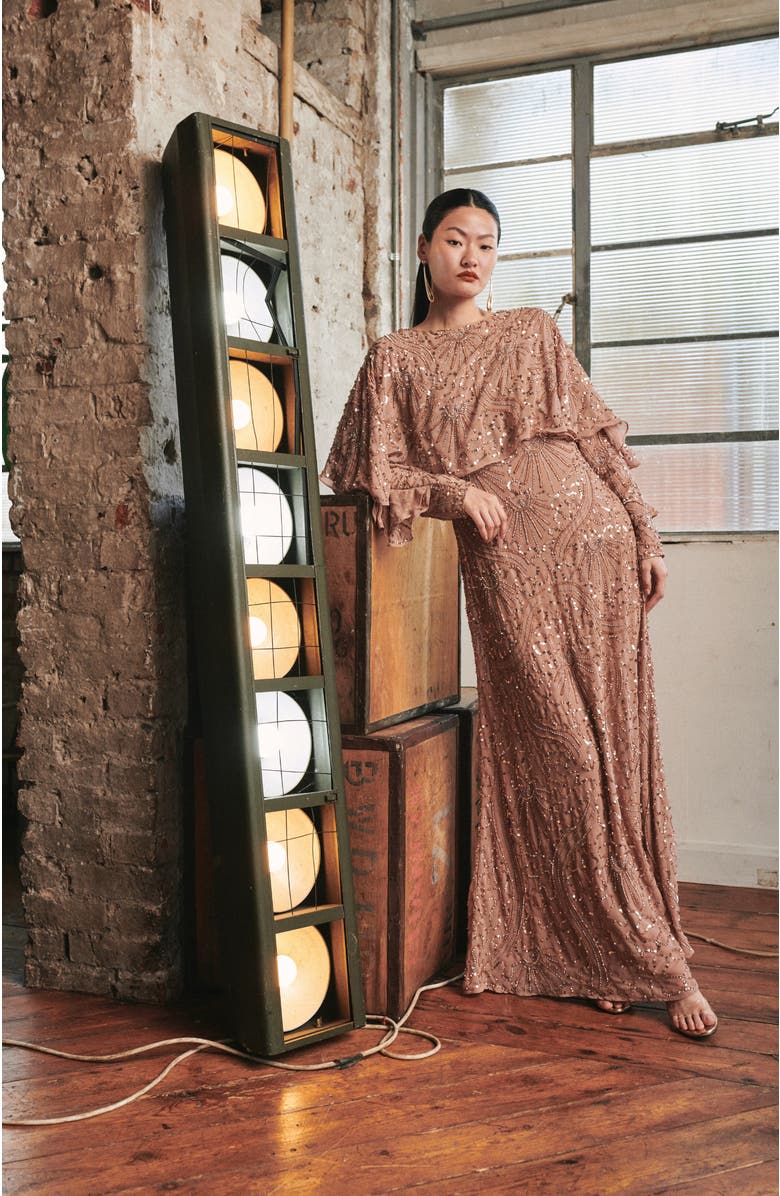 MARYISA Occasion Modest Embellished Sequin Beaded Evening Maxi Dress, Alternate, color, Taupe Blush