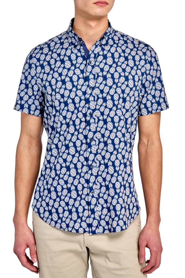 Slim Fit 4-Way Stretch Short Sleeve Button-Up Shirt, Main, color, NAVY